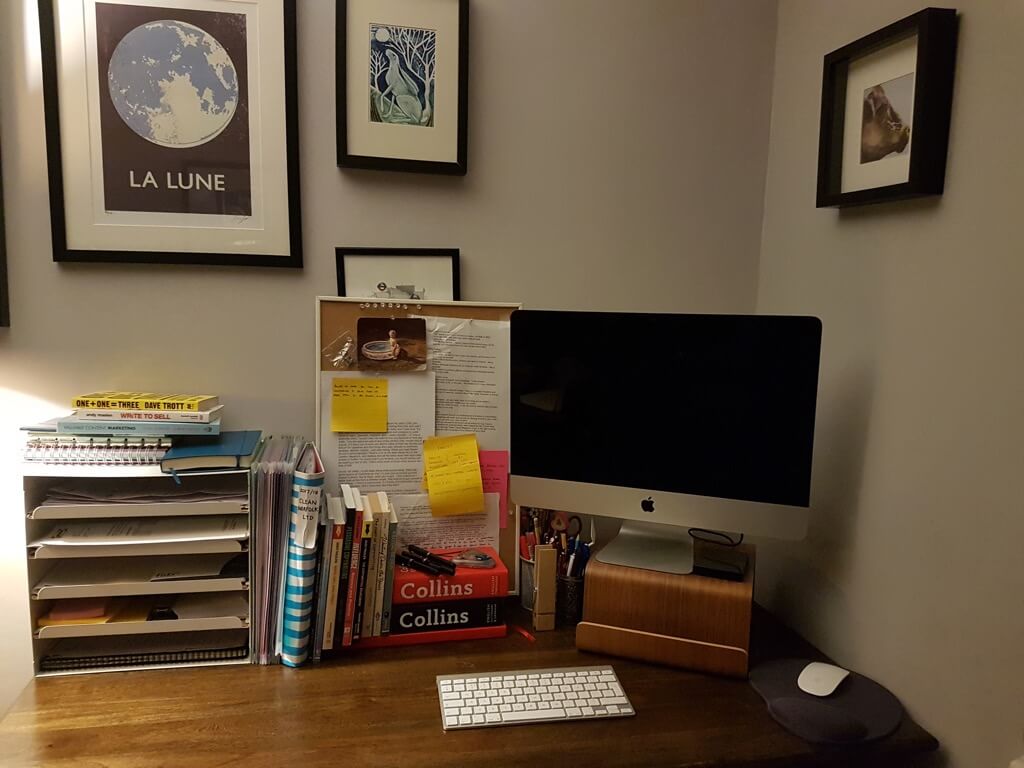 Image shows the desk of emerging copywriter, Ben McKinney