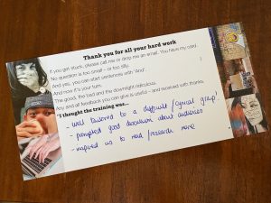 A feedback card for Haydn Grey copywriting training that describes how the copywriting training course was well-tailored to a cynical group of participants