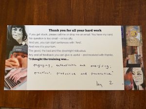 A feedback card, post-copywriting workshop - that describes the day as practical and provocative.